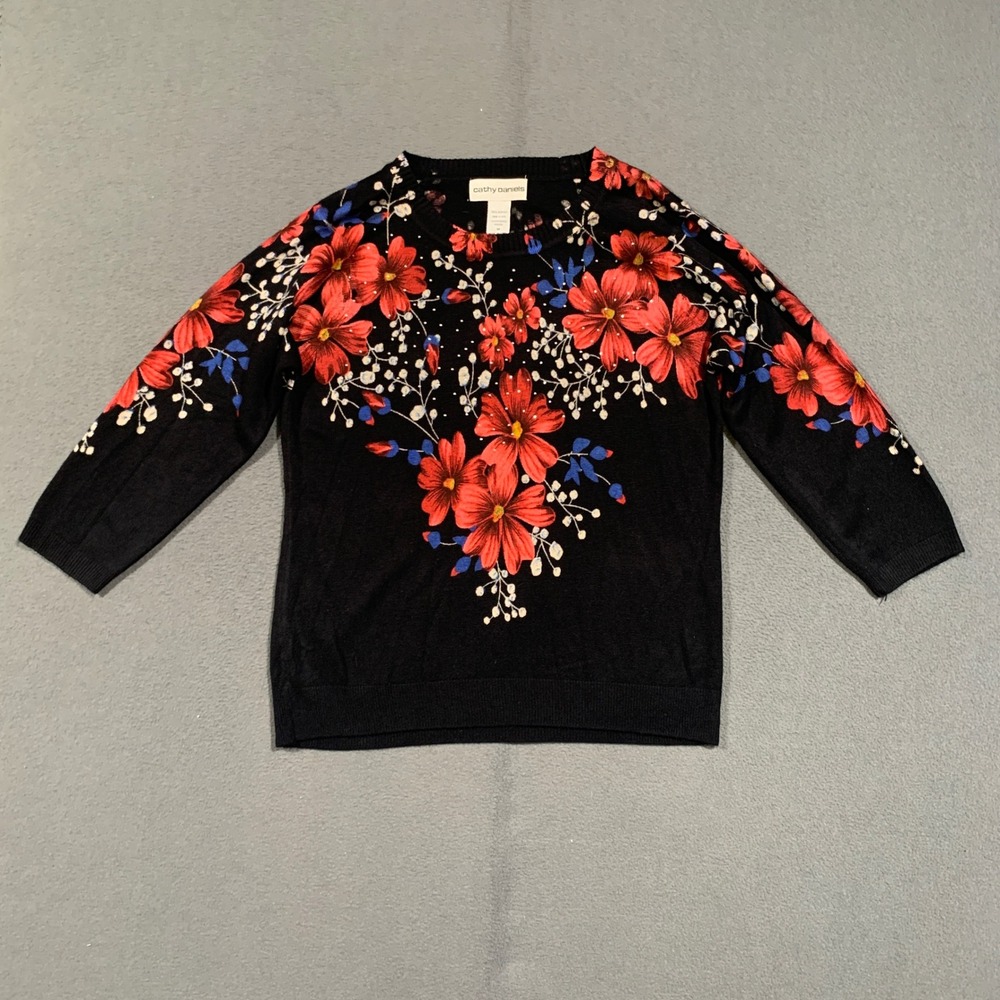 Cathy Daniels Sweater Womens Medium Black Red Floral Rhinestone 3/4 Sleeve Knit